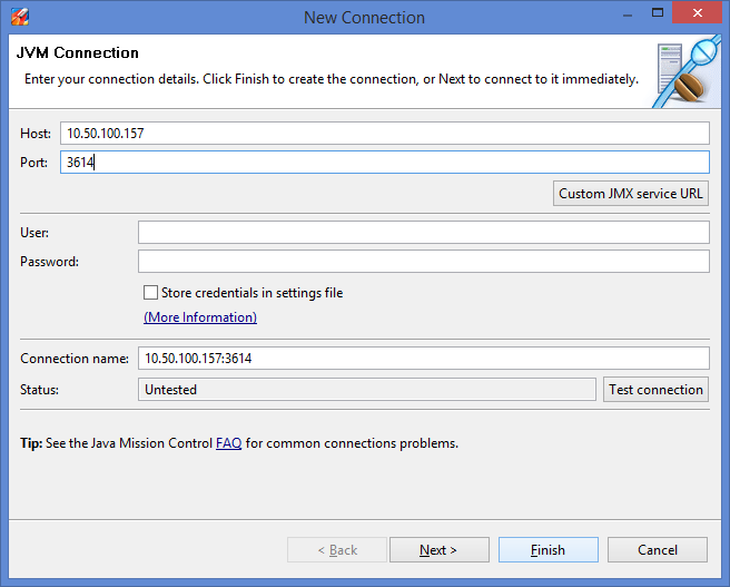 Enter Hostname/IP-address and port information and click Finish