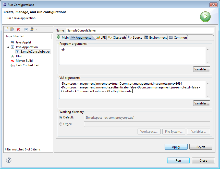 More VM arguments added before starting SampleConsoleServer